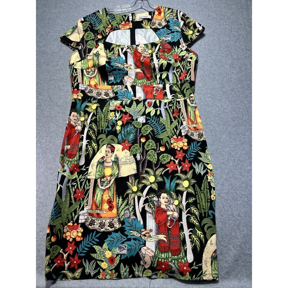 Grace Karin Frida Kahlo  Multicolor Jungle Cap Sleeve Dress Women's Sz XL, Retro